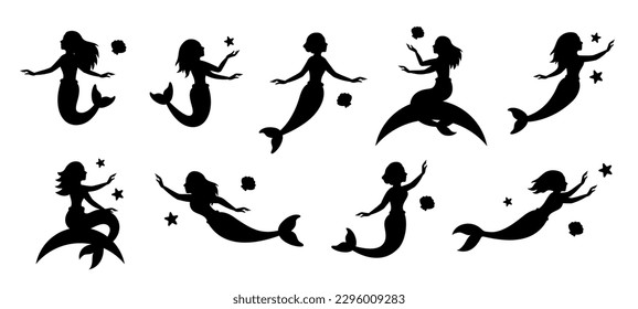 Mermaid silhouettes. Funny mermaid in different poses. Little creatures with tails. Mythical tale character in water black symbol. Beautiful siren