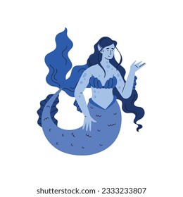 Mermaid or Siren mystery underwater fantasy creature with fish tail and long hair, flat vector illustration isolated on white background. Fantasy mystical mermaid girl.