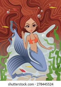 Mermaid (Siren of the Sea): The vector illustration of the Mermaid Swimming Underwater
