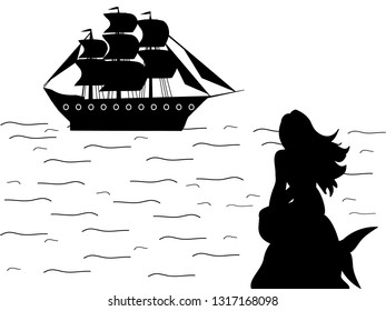 Mermaid siren ship silhouette ancient mythology fantasy