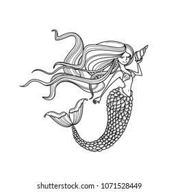 Mermaid or siren silhouette with long hair and shell. Doodle vector illustration. Coloring book page, icon, emblem or print. Cartoon character.  Outlined image. Black and white