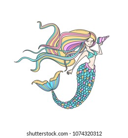 Mermaid or siren silhouette with long hair and shell. Doodle vector illustration. Color book page, icon, emblem or print. Cartoon character.  Outlined image. Colorful art isolated on white background