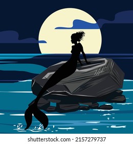 mermaid sit on the rock silhoutte