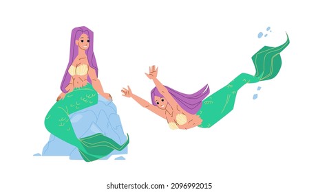 Mermaid Sit On Stone And Swim Underwater Vector. Mermaid Sitting On Rock And Swimming In Ocean Water. Character Marine Mystical Fairytale Woman With Fish Tail Flat Cartoon Illustration