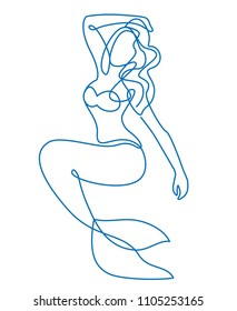 La sirena se sienta en una bella pose. Dibujo continuo de líneas. Ilustración del vector