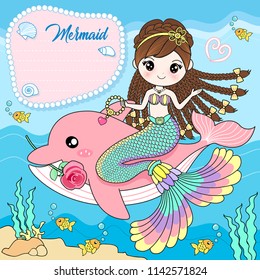 The mermaid sits on a pink dolphin