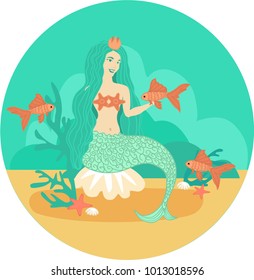 The mermaid sits on a shell under water. Fishes swim around her. Sea theme. Vector illustration. EPS 10