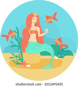 The mermaid sits on a stone under water. Siren. Sea theme. Vector illustration EPS 10