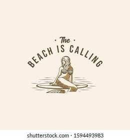 Mermaid sits on the surfboard. t-shirt graphics, vectors, retro vintage hand drawn