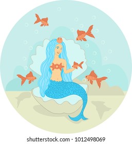 The mermaid sits in a shell under water. Siren. Sea theme. Vector illustration. EPS 10