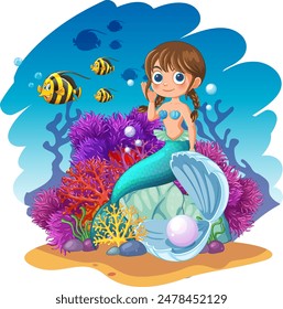 Mermaid sitting among vibrant corals and fish
