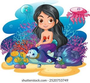 Mermaid sitting among vibrant corals and sea creatures