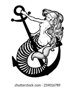 Mermaid sitting at anchor, black and white illustration.