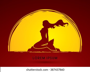Mermaid sitting designed on moonlight background graphic vector.