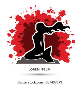 Mermaid sitting designed on splash blood background graphic vector.