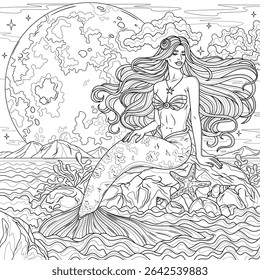 Mermaid sitting on the background of the full moon.Coloring book antistress for children and adults. Illustration isolated on white background.Zen-tangle style. Hand draw