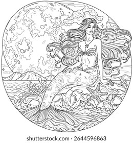 Sereia sentada no fundo da lua cheia em uma moldura redonda.Colorir livro antisstress para crianças e adultos. Ilustração isolada no estilo background.Zen-tangle branco. Desenho da mão