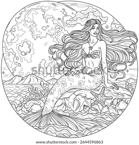 Mermaid sitting on the background of the full moon in a round frame.Coloring book antistress for children and adults. Illustration isolated on white background.Zen-tangle style. Hand draw