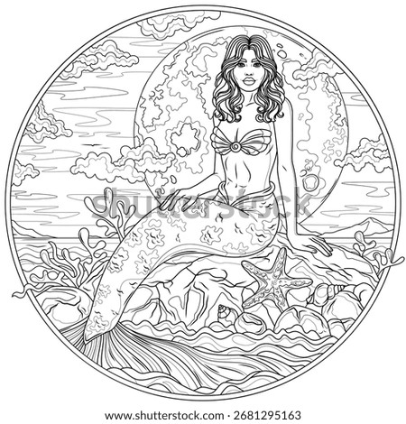 Mermaid sitting on the background of the full moonin round frame.Coloring book antistress for children and adults. Illustration isolated on white background.Hand draw
