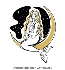 Mermaid sitting on the moon. Vector hand drawn illustration in boho style, black and Gold and line art