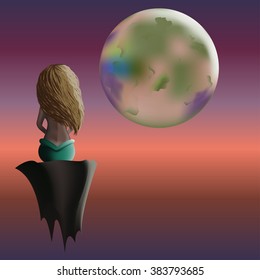 Mermaid sitting on the rock in air and looking at multicolored planet. Vector illustration