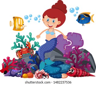 Mermaid sitting on rock with fish swimming around illustration