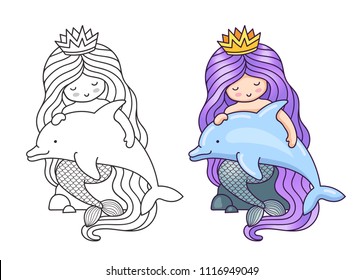 Mermaid, sitting on a rock, holding and stroking cute dolphin. Cartoon characters. Vector illustration for coloring book, print, card, postcard, poster, t-shirt, patch, tattoo.