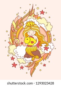 Mermaid, sitting on a rock, holding big golden fish. Doodle composition. Vector colored illustration.