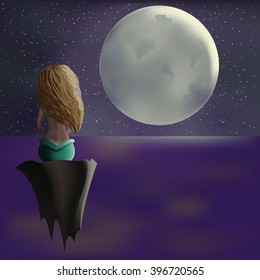 The mermaid sitting on the rock over the sea and looking at the moon. Vector illustration