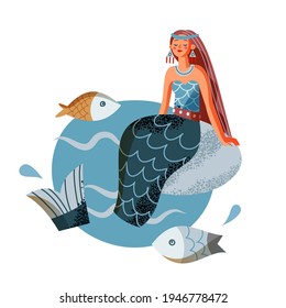 Mermaid sitting on rock in sea. Medieval Norway mythology and fantasy tales vector illustration. Young woman with tail and scales in water with fish isolated on white background.