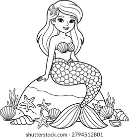 Mermaid sitting rock surrounded