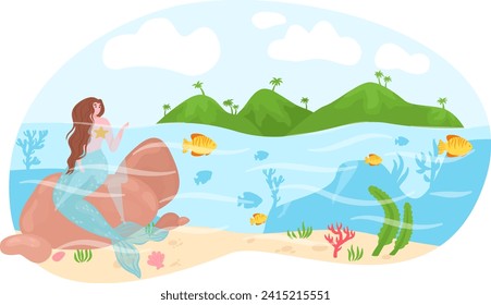 Mermaid sitting on rock underwater by tropical island. Fairytale sea princess, ocean life scene. Fantasy marine landscape with mythical creature vector illustration.