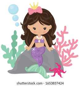 Mermaid sitting on a rock vector cartoon illustration