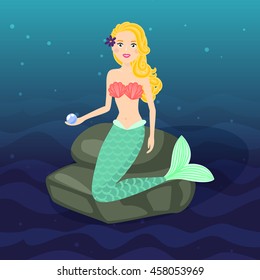 Mermaid sitting on rocks. Cartoon style mermaid princess of underwater world vector illustration. Undersea life.