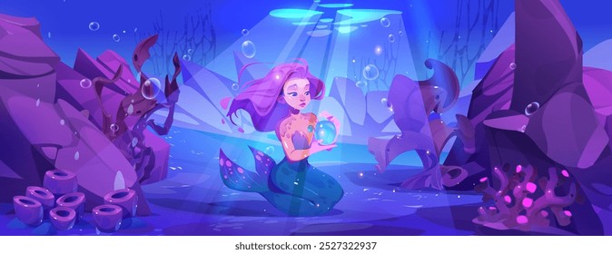 Sirena sentada en el fondo del mar. Ilustración de dibujos animados de Vector del mundo submarino, hermosa criatura femenina con cola de pez y cabello rosado que sostiene la burbuja en la mano, la luz del sol, las piedras y las algas marinas bajo el agua