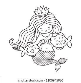 Mermaid, sitting on a seabed, with two little fish. Cartoon characters. Illustration fot print, coloring book, card, poster. 