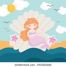 Mermaid sitting on seashell starfish beach ocean vector illustration cartoon