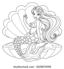 Mermaid  sitting on shell and pearl,cartoon,Cute ,vector illustration isolated on white background,coloring book pages