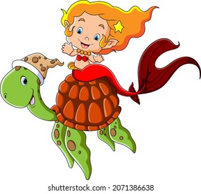 The mermaid is sitting on the shell of the turtle of illustration