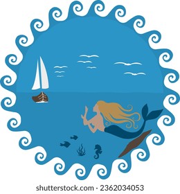 Sirenita sentada en una piedra llamando a un barco de vela de madera. marco de patrón de onda. Mitología griega. Gaviotas voladoras, vida submarina, peces, hipocampo y algas. Ilustración vectorial para su diseño o logotipo