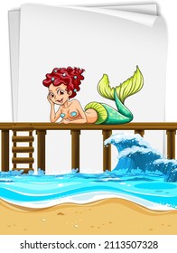 Mermaid sitting on wooden pier with an empty paper illustration