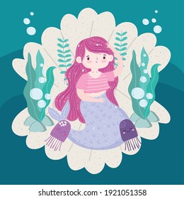 Mermaid sitting in seashell with jellyfishes vector illustration cartoon