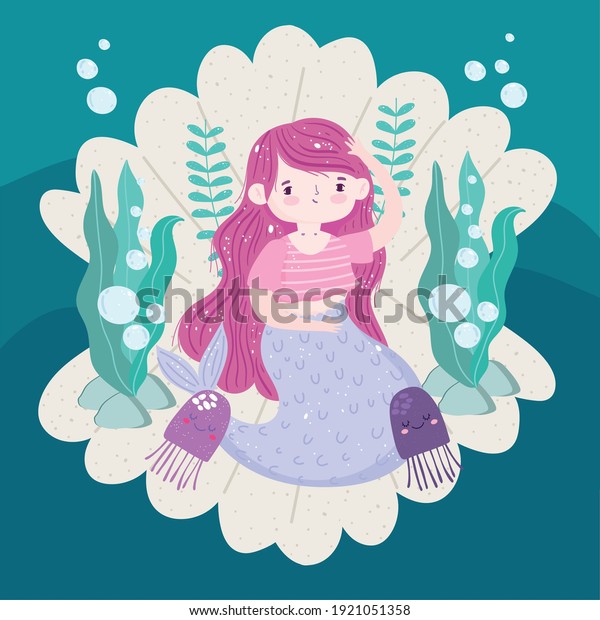Mermaid sitting in seashell with jellyfishes\
vector illustration\
cartoon