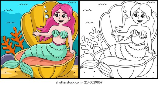 Mermaid Sitting In A Shell Coloring Illustration