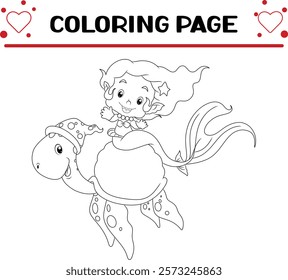 mermaid is sitting shell turtle coloring page for kids