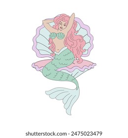 Mermaid sitting in the shell vector illustration. Groovy Mermaid pre-made card.