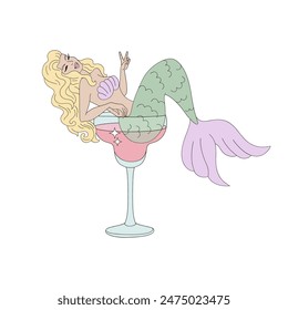 Mermaid sitting in tequilas glass vector illustration. Mermaid cocktail pre-made card 