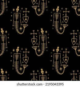 Mermaid skeleton dark boho gothic vector and jpg printable seamless pattern, unique repeat clipart illustration image, editable isolated details. Perfect for clothes design, wrapping paper, cloth