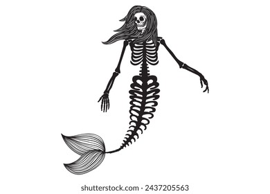 Mermaid Skeleton, Skull Mermaid, Gothic, hand drawing, Art skull mermaid, Sea Monster, Sugar Skull, Silhouette, 