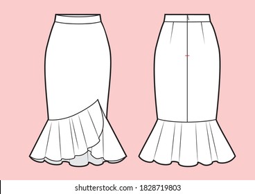 Mermaid skirt technical drawing. Vector fashion sketch.